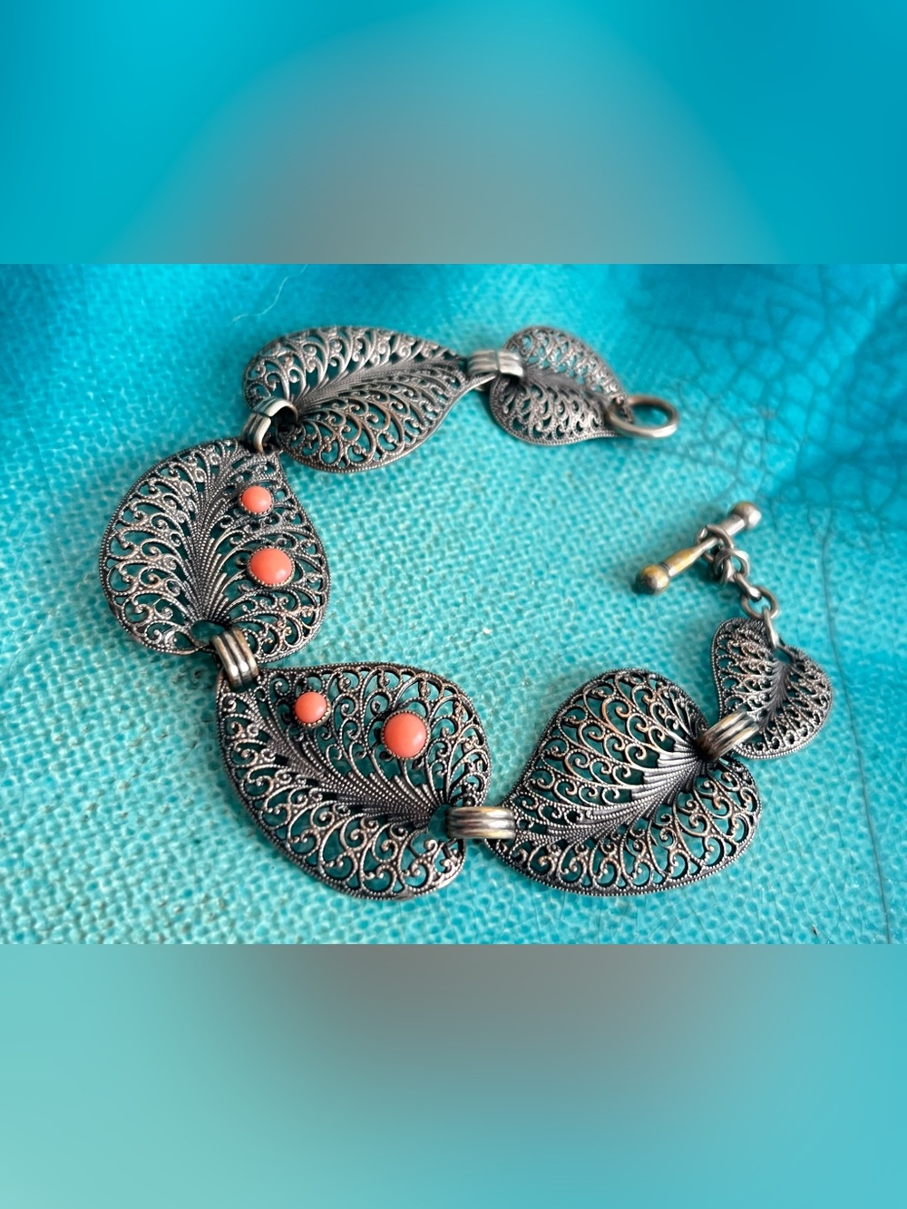 Vintage Filigree Leaf Motif Bracelet with Coral Accents - Silver-Tone